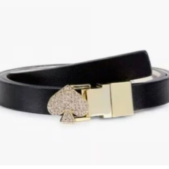 kate spade L/XL Black White Interior Pale Gold Tone Jeweled Spade Skinny Belt main image 5
